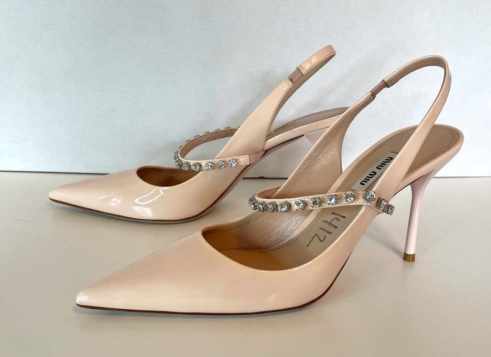Miu Miu Light Pink Patent Leather Crystal Embellished Slingback Pumps Heel Sz 40 - Picture 2 of 7